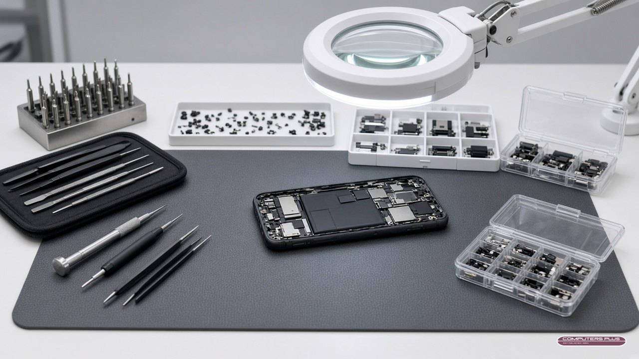 Smartphone opened on a professional repair workbench with precision tools, illustrating authorized repair