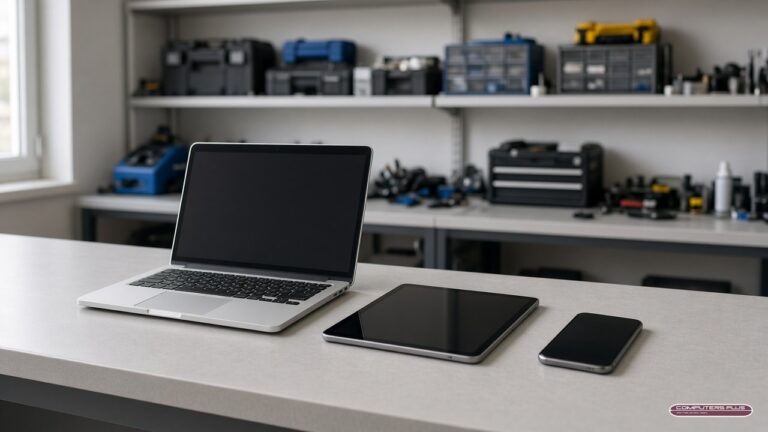 Laptop, tablet and phone on a repair shop counter for AppleCare+ repair drop-off in Charleston, WV