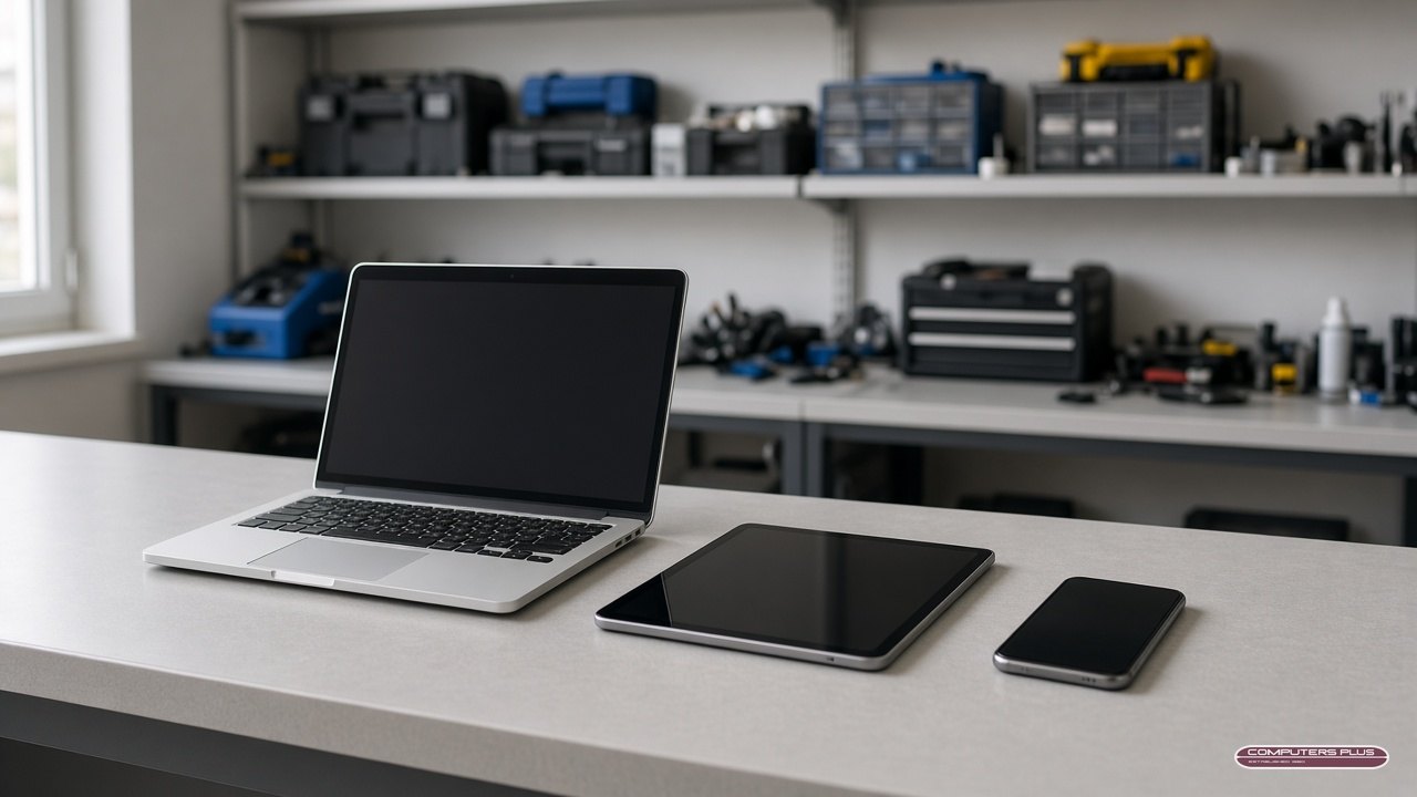 Laptop, tablet and phone on a repair shop counter for AppleCare+ repair drop-off in Charleston, WV