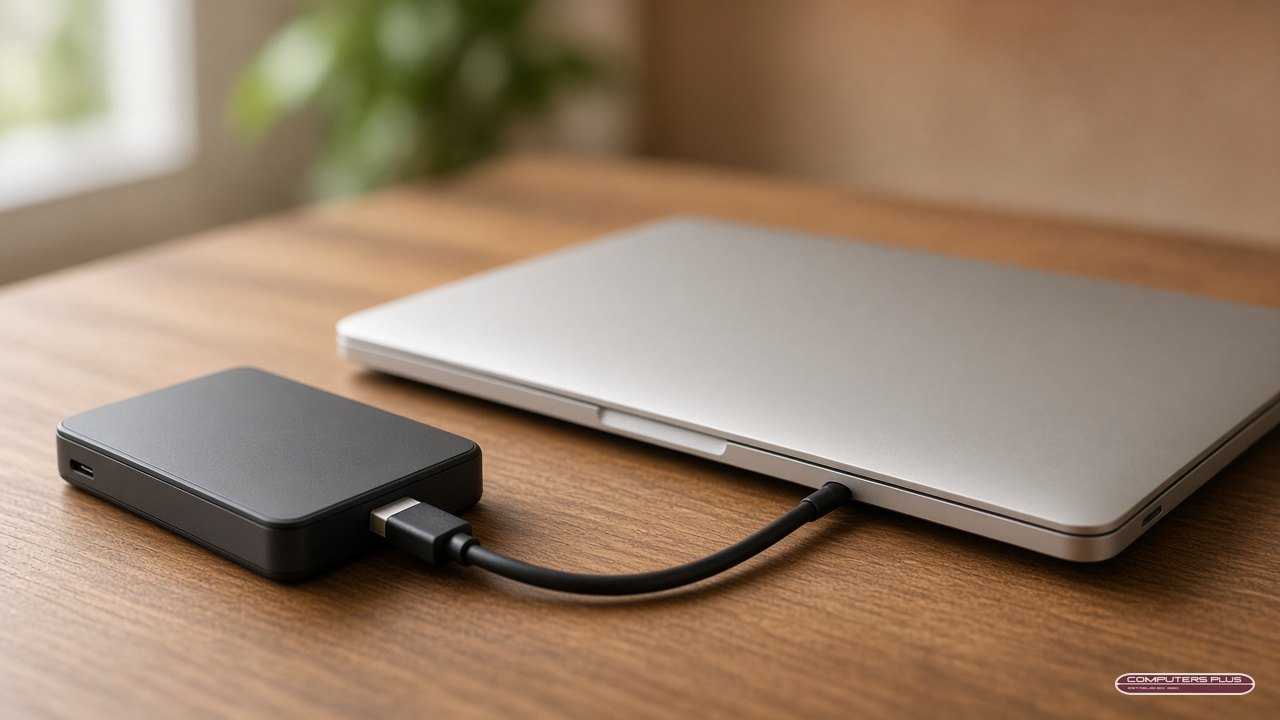 External drive connected to a laptop for a backup before PC repair drop-off