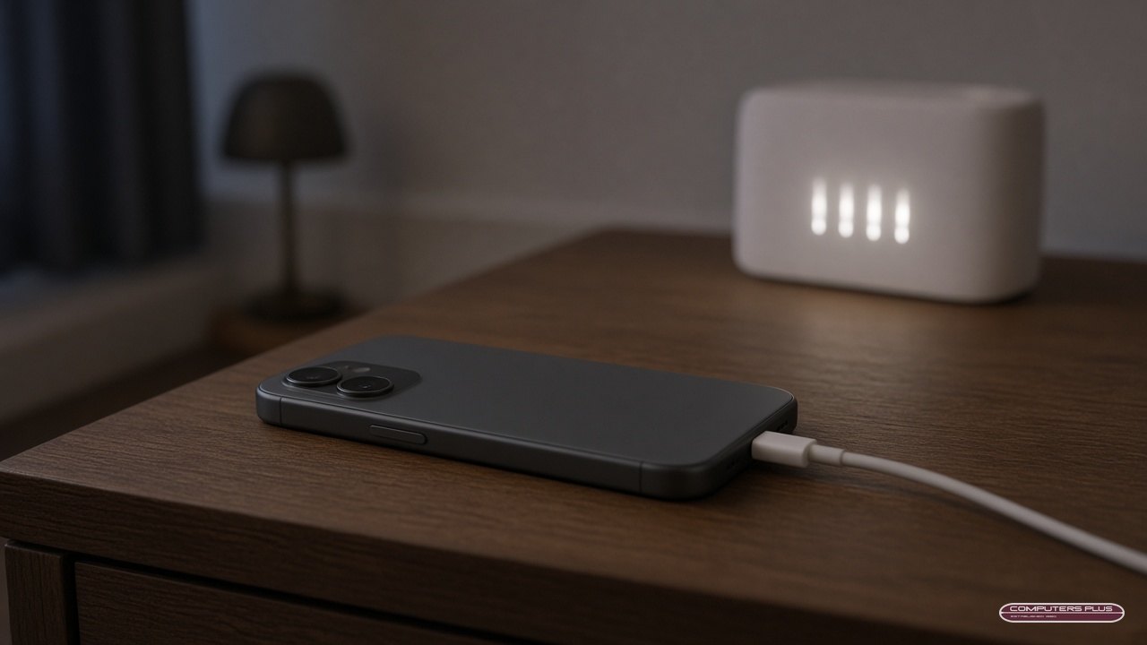 Smartphone charging on a nightstand near a Wi-Fi router during an overnight iCloud backup