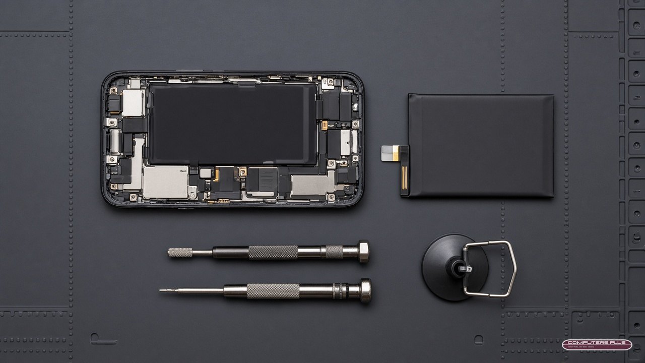 Smartphone opened on a repair mat with a replacement battery and precision tools