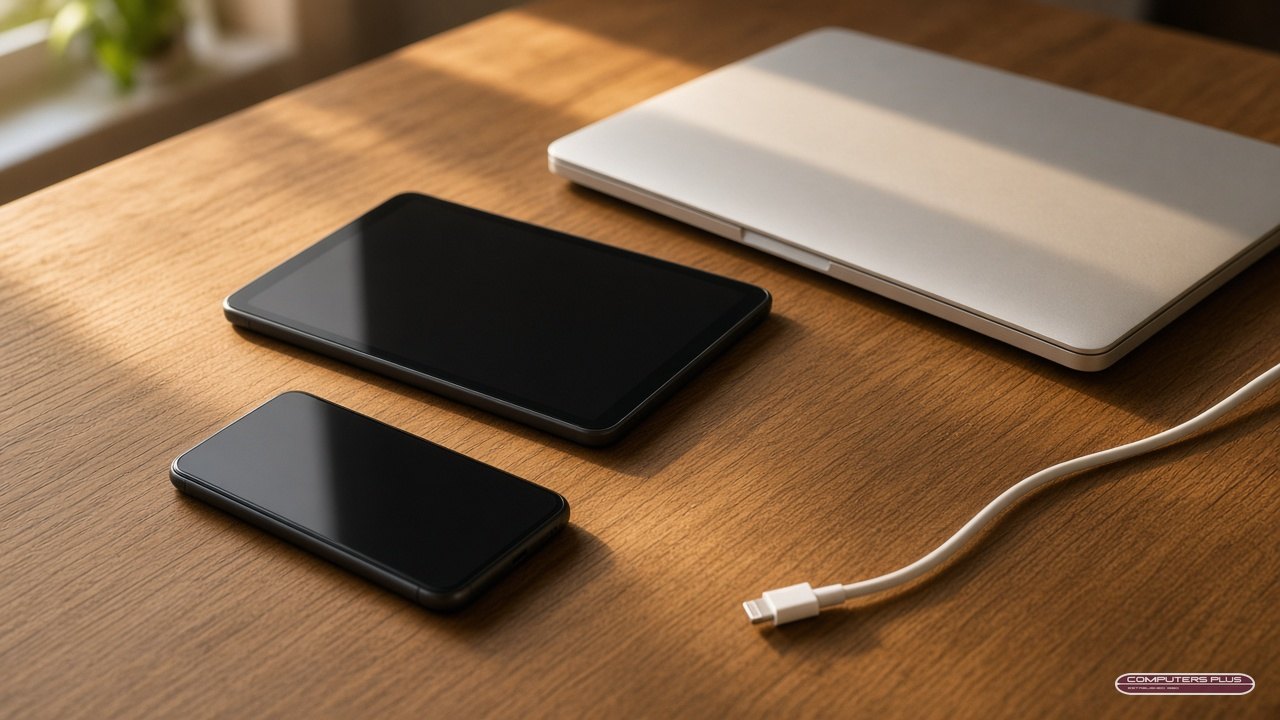 Smartphone and tablet on a desk next to a laptop, ready to back up before iPhone or iPad repair