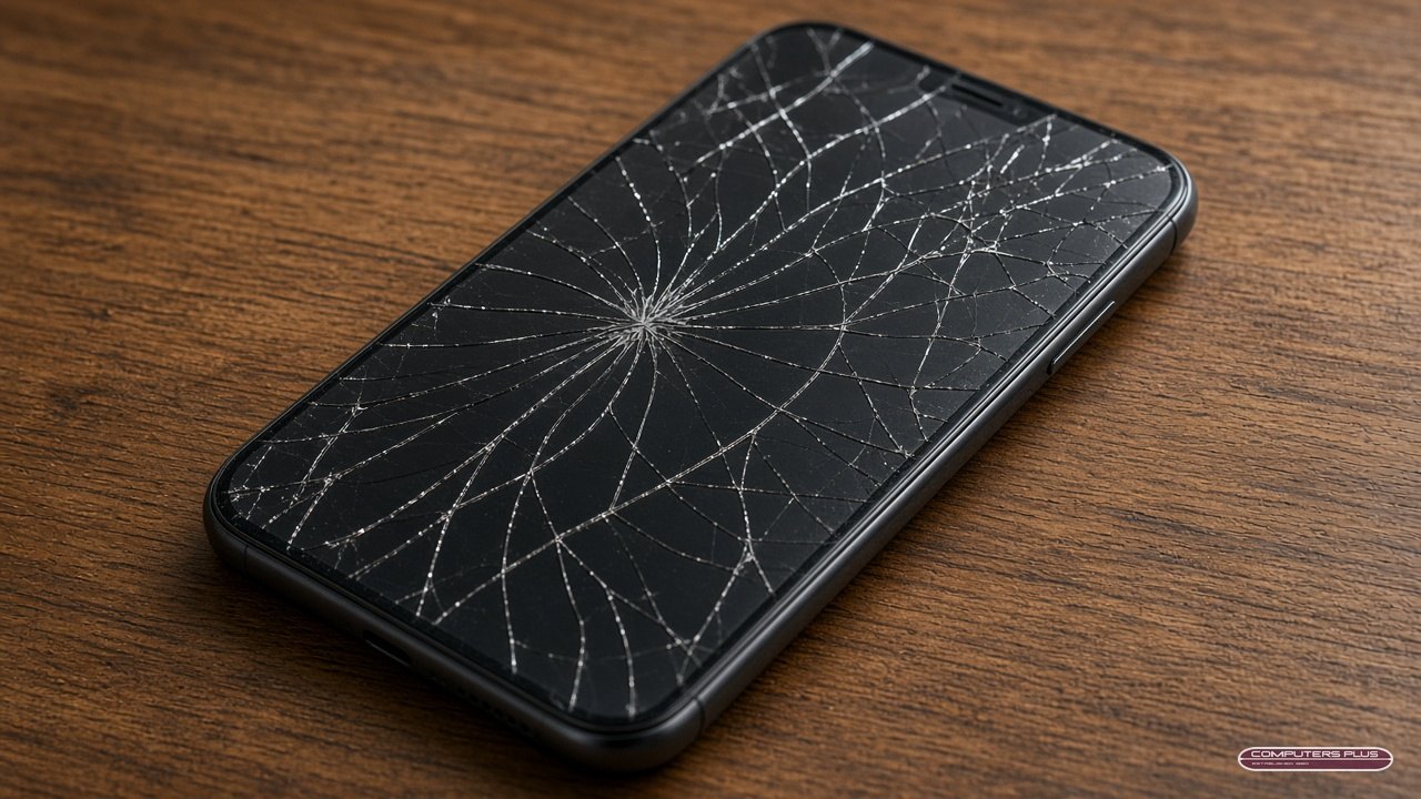 Smartphone with a cracked screen on a table, waiting for iPhone screen or battery repair in Charleston, WV