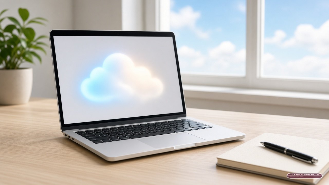 Laptop on a desk with a cloud graphic on screen, illustrating iCloud Drive for a Mac backup