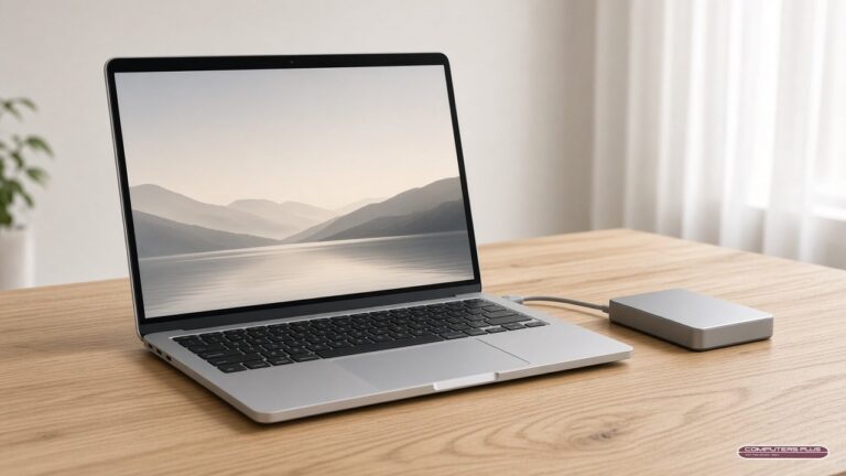 Silver laptop connected to an external drive for a Time Machine backup before Mac repair