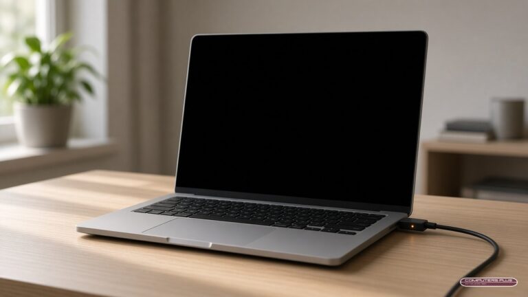 Silver laptop with a black screen plugged into its charger, a MacBook that won't turn on