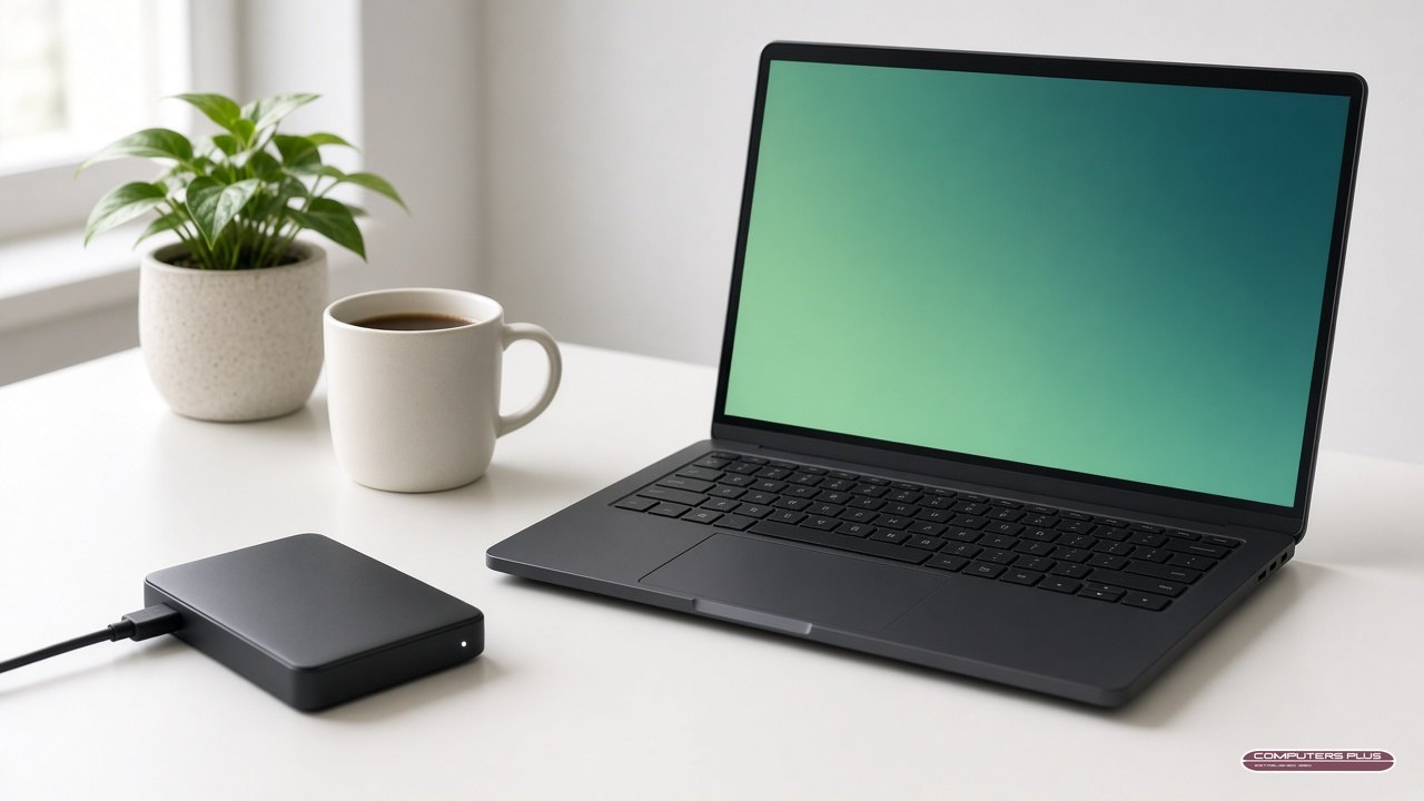 External drive on a desk next to a Windows laptop, ready to back up a PC before repair