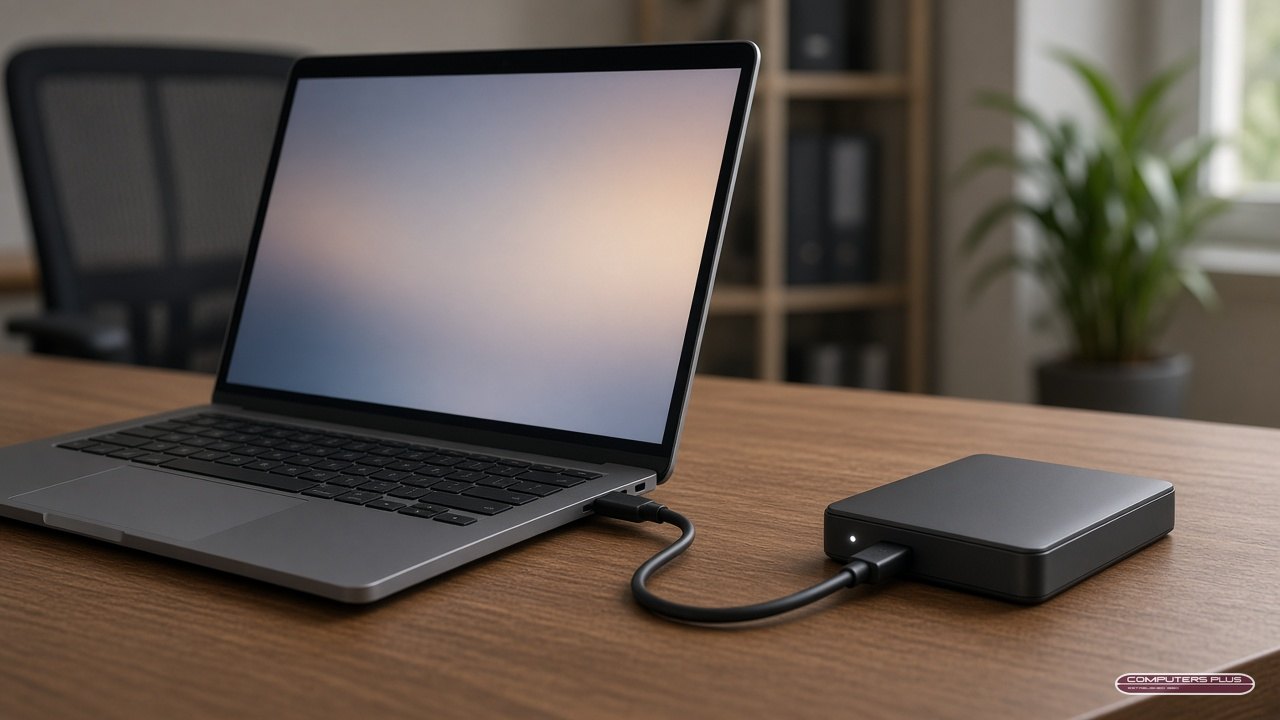 Windows laptop with an external hard drive plugged in, running a backup