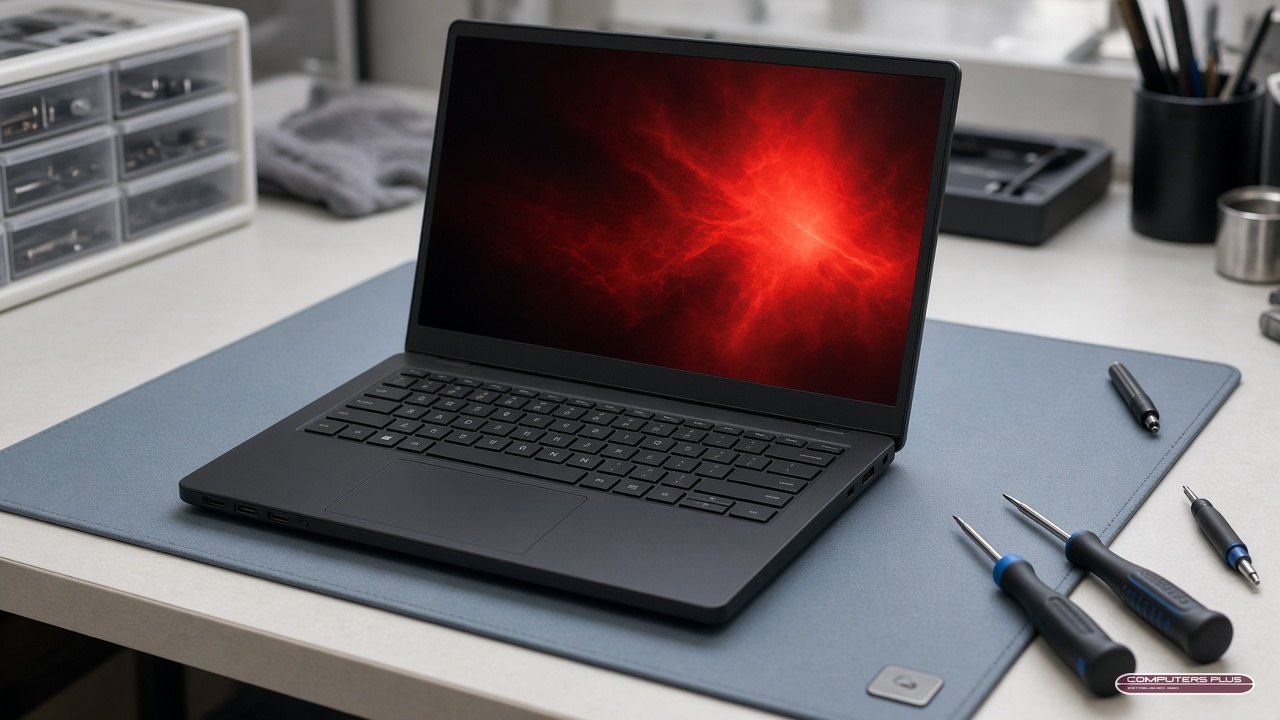 Windows laptop on a computer repair bench in Charleston, WV, ready for virus removal