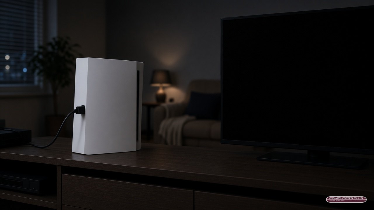 Game console next to a TV with a black screen, a common no-picture HDMI problem
