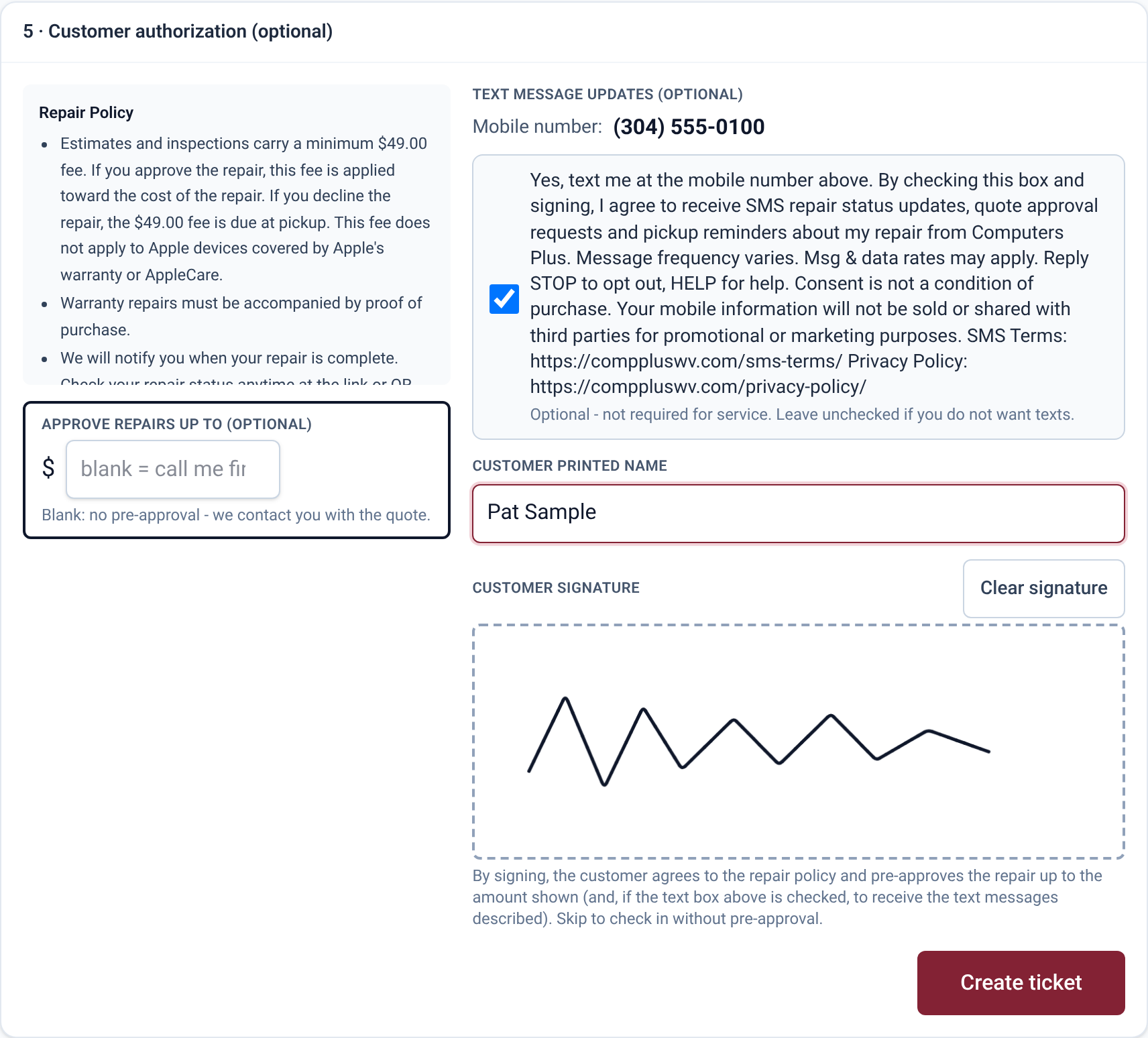 Check-in signature screen with SMS consent box checked and customer signature