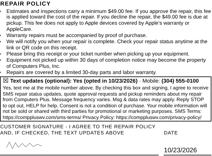 Close-up of printed SMS opt-in section: checkbox, mobile number, opt-in language, signature line