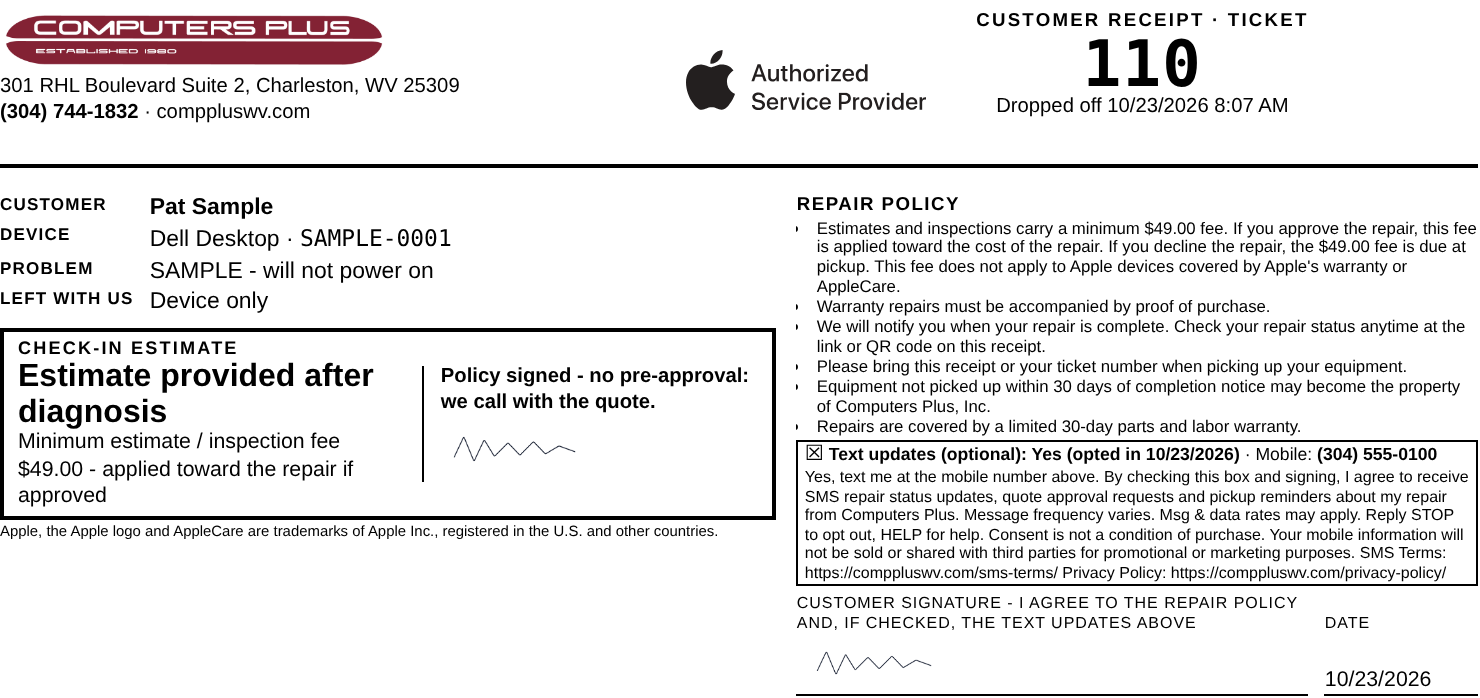 Printed customer receipt with SMS opt-in section and signature line