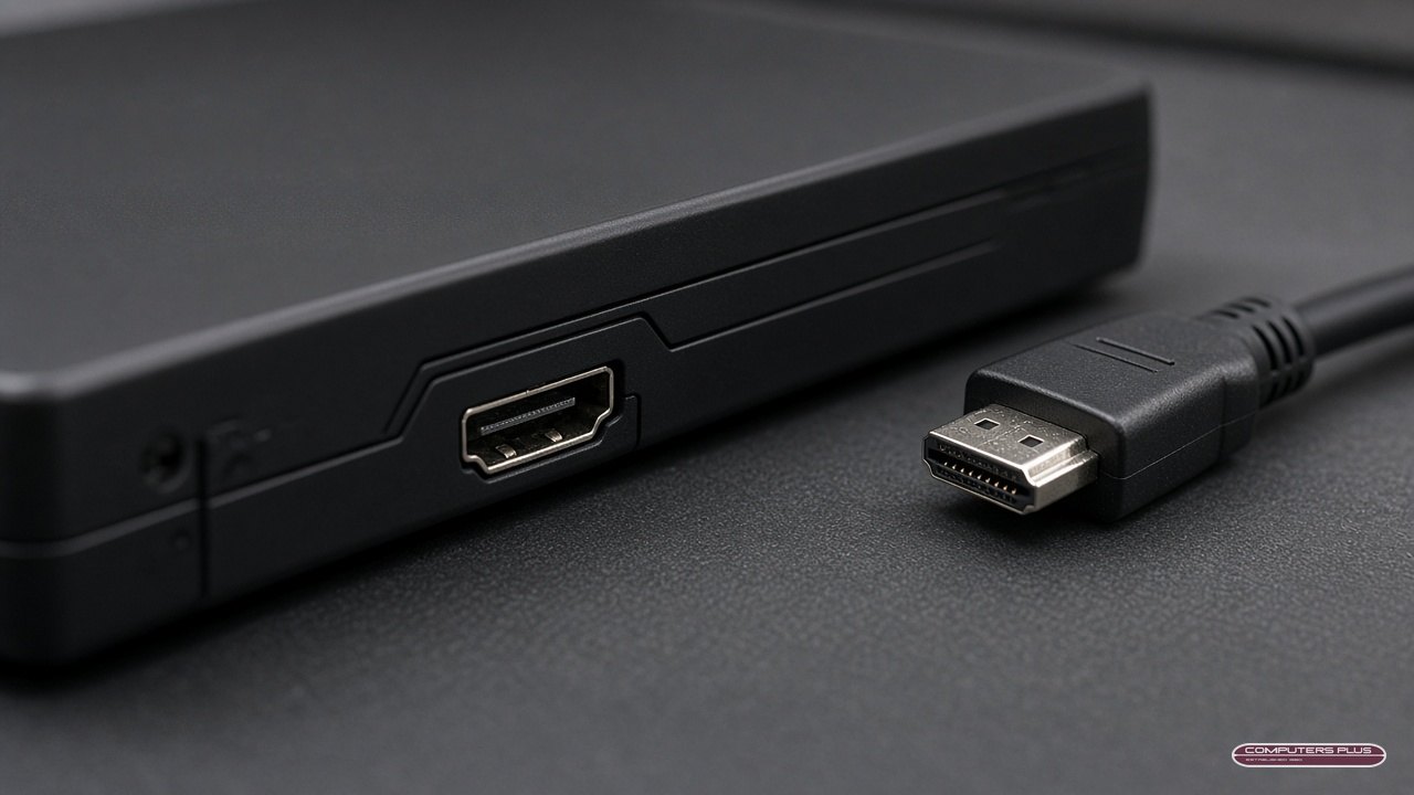 Close-up of a game console HDMI port next to an HDMI cable, a common Xbox repair